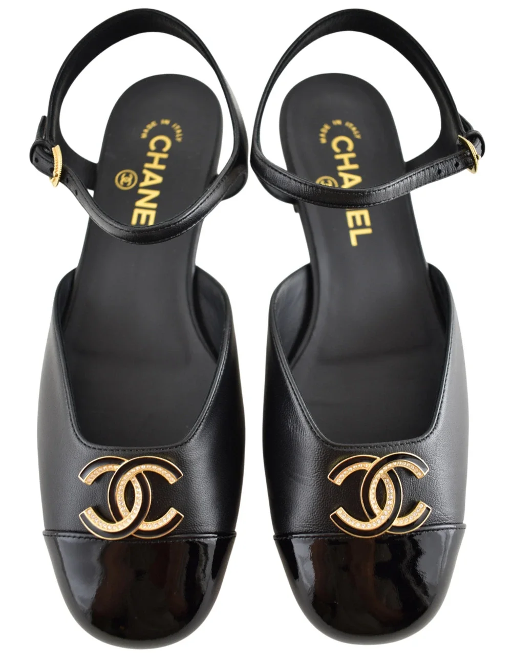 Chanel 25P Black Patent Gold CC Slingback Ankle Strap Ballerina Ballet Flat 38.5